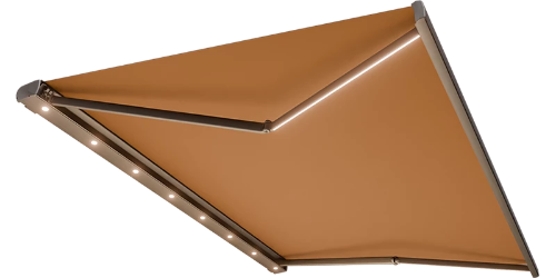 Brown awning with LED lights on a white background
