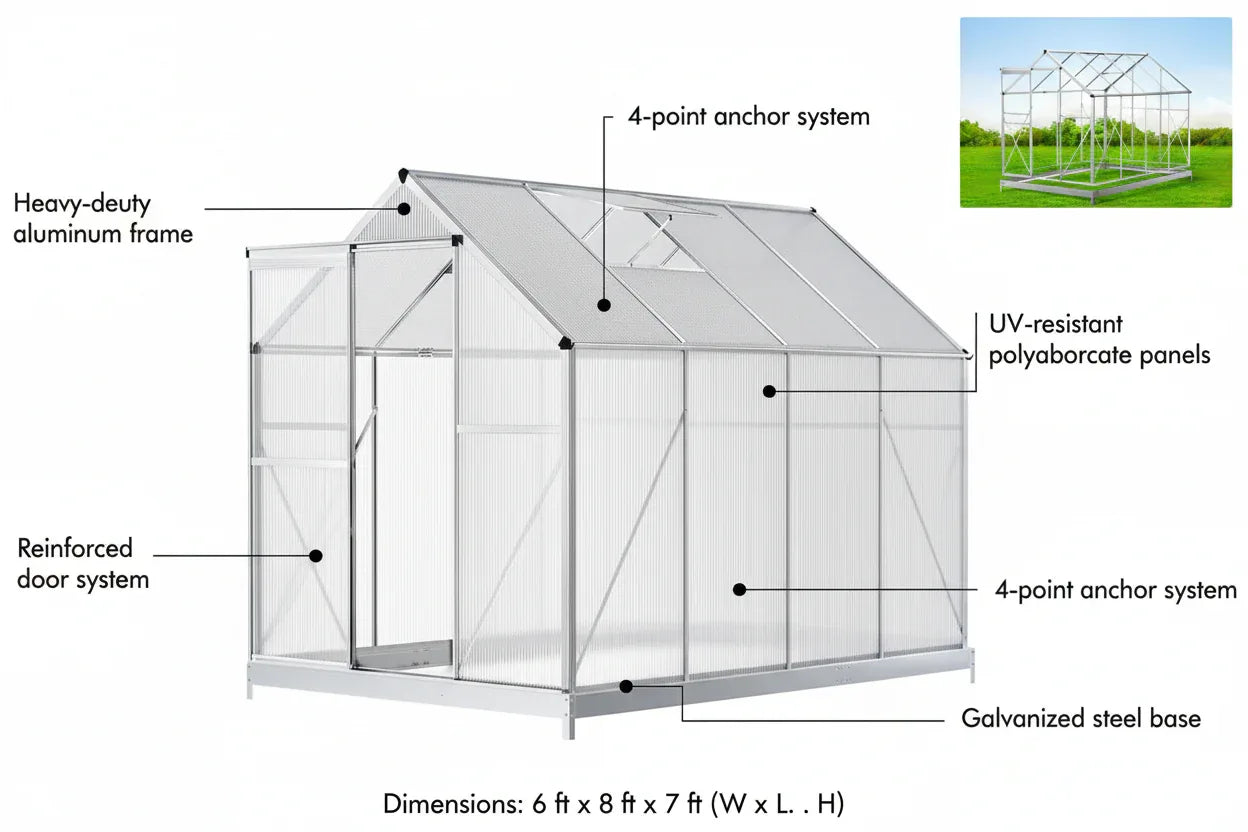 Garden Greenhouse - Aluminum Frame with PC Panels | Year-Round Growing Solution - Poly Sunshine Outdoors