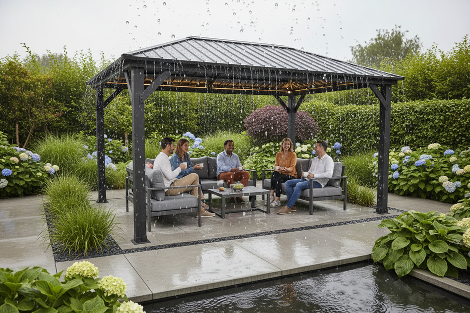 Waterproof hardtop gazebo performance demonstration during rain