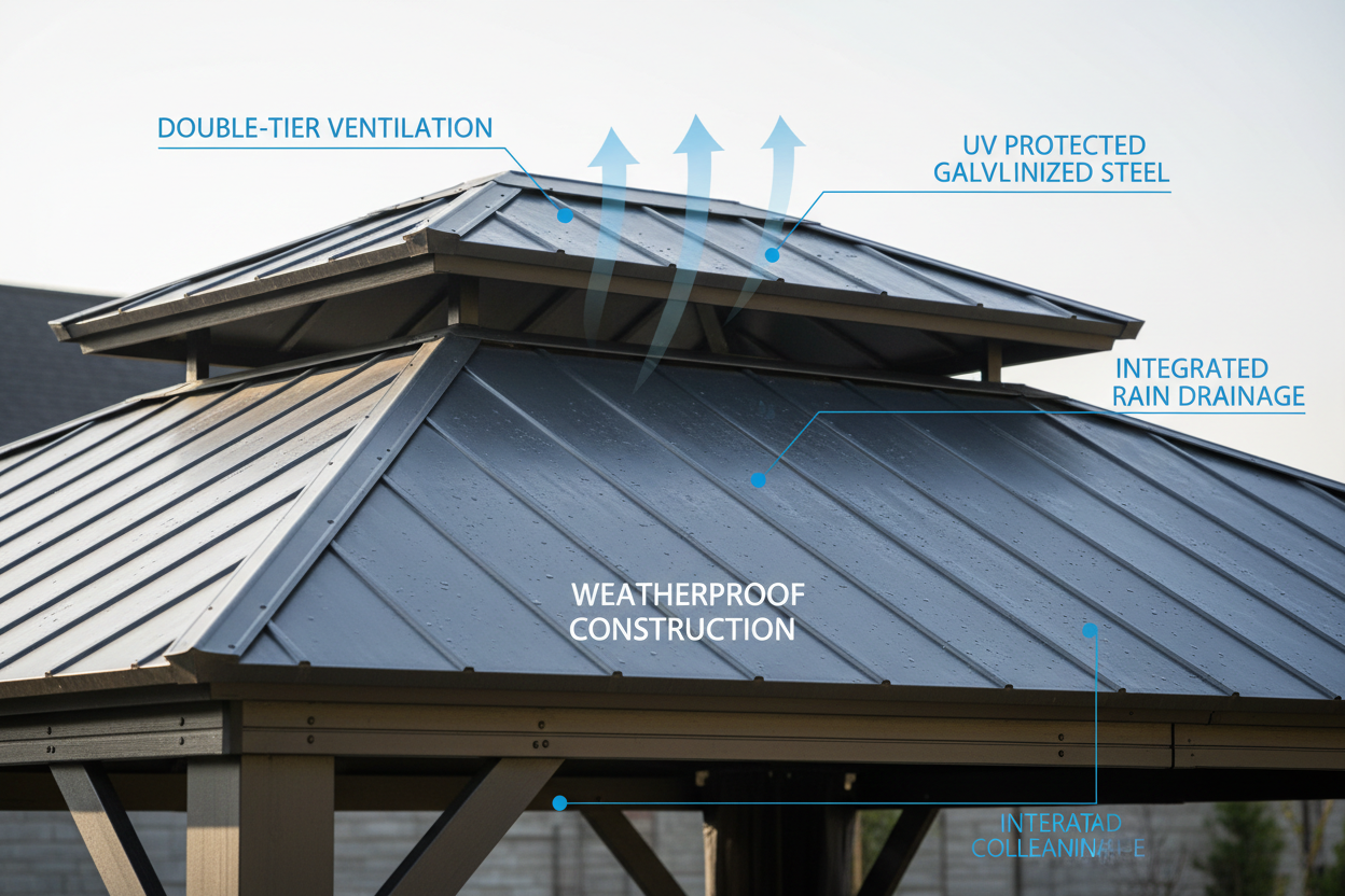 Ventilated double-tier roof system showing UV protection and weatherproof features